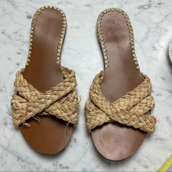Zara Trafaluc Raffia Woven Flat Open-Toe Sandals